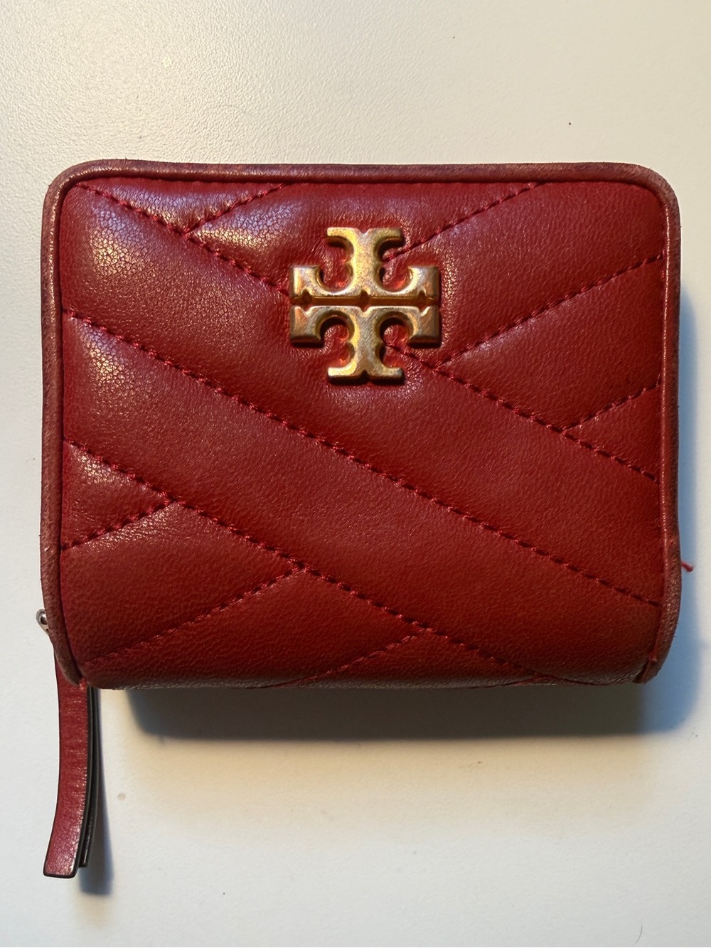 Tory Burch Red Quilted Leather Zip Wallet with Gold Logo